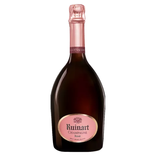 Bottiglia di Champagne Ruinart Brut Rosé - colore corallo, etichetta emblematica