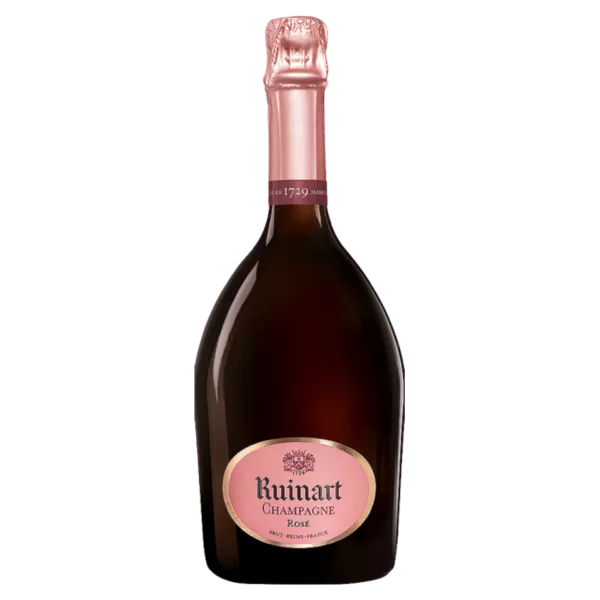 Bottiglia di Champagne Ruinart Brut Rosé - colore corallo, etichetta emblematica