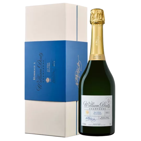Bottiglia di Champagne Deutz La Côte Glacière 2015, vista frontale, etichetta bianca, tappo dorato