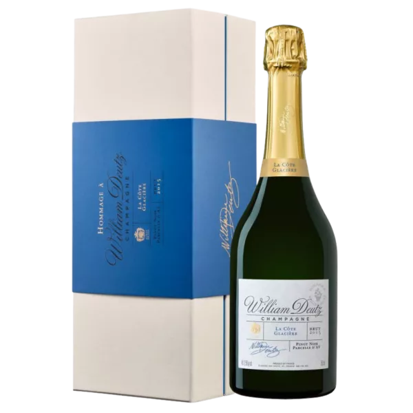 Bottiglia di Champagne Deutz La Côte Glacière 2015, vista frontale, etichetta bianca, tappo dorato