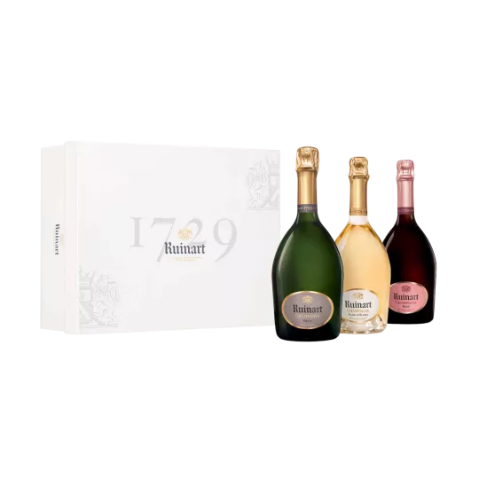 RUINART Cofanetto champagne 3 bottiglie, “R” de Ruinart, Blanc De Blancs, Brut Rosé