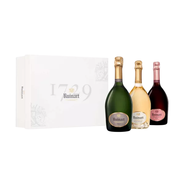 RUINART Cofanetto champagne 3 bottiglie, “R” de Ruinart, Blanc De Blancs, Brut Rosé