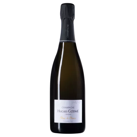 Bottiglia di Champagne Hugues Godmé Extra-Brut Premier Cru Blanc de Blancs BIO, vista frontale