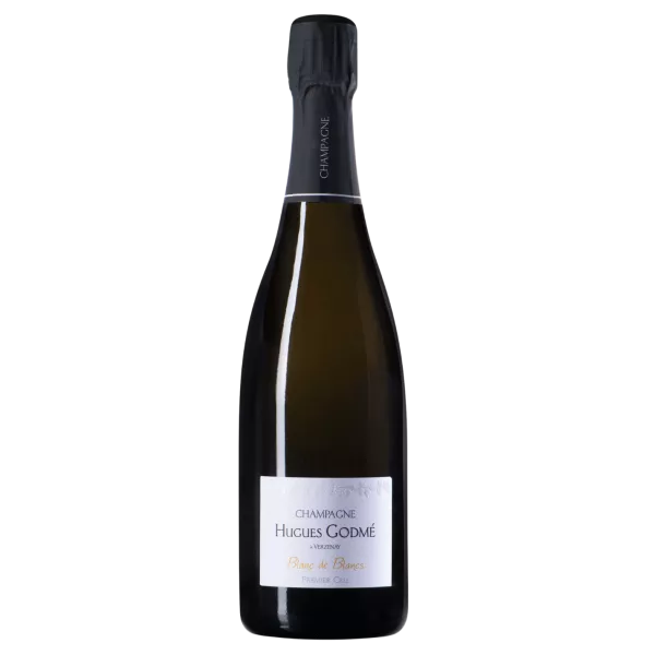 Bottiglia di Champagne Hugues Godmé Extra-Brut Premier Cru Blanc de Blancs BIO, vista frontale