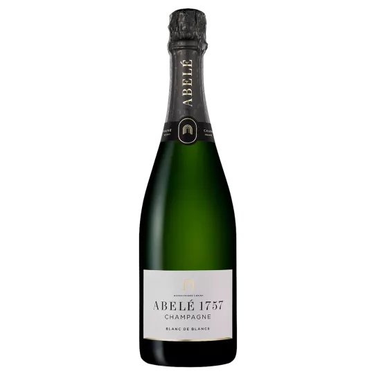Bottiglia di Champagne Abelé 1757 Blanc de Blancs Brut, vista frontale, etichetta bianca e nera su sfondo oro