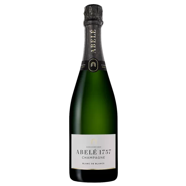 Bottiglia di Champagne Abelé 1757 Blanc de Blancs Brut, vista frontale, etichetta bianca e nera su sfondo oro