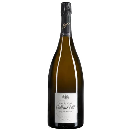 Bottiglia di Champagne Vilmart Grande Réserve Premier Cru, capsula nera, etichetta bianca, presentata in posizione verticale.