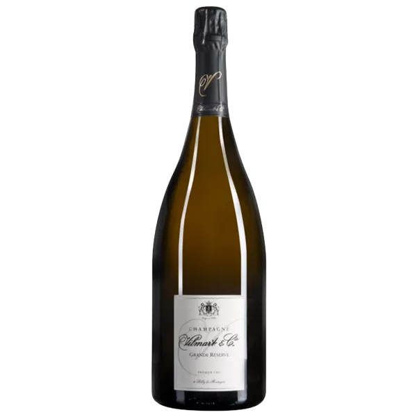 Bottiglia di Champagne Vilmart Grande Réserve Premier Cru, capsula nera, etichetta bianca, presentata in posizione verticale.