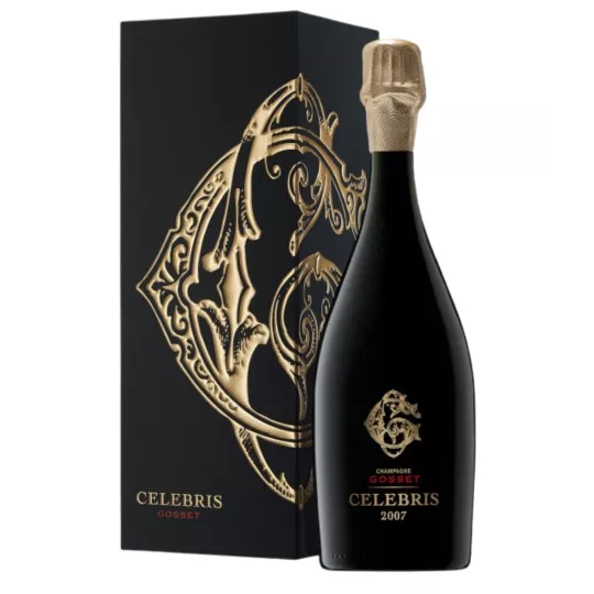 Bottiglia di Champagne Gosset Célébris Millésime 2008 Brut, vista frontale, etichetta nera e oro