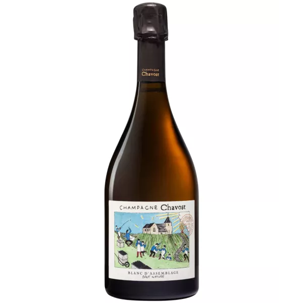 Bottiglia di Champagne Chavost Blanc d'Assemblage Brut Nature, vista frontale