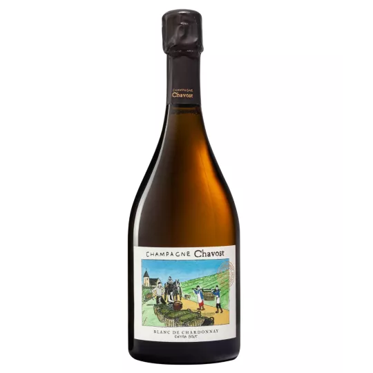 Bottiglia di Champagne Chavost Blanc de Chardonnay Extra-Brut, 100% Chardonnay senza solfiti, vinificato naturalmente.