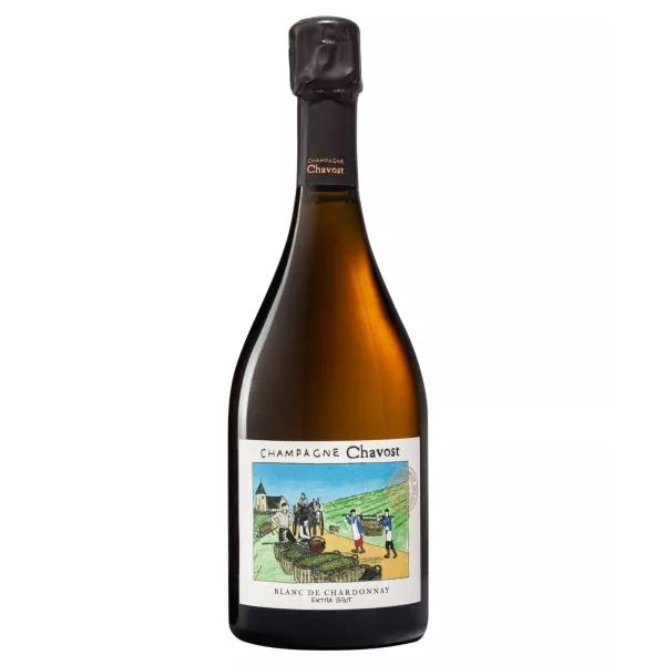 Bottiglia di Champagne Chavost Blanc de Chardonnay Extra-Brut, 100% Chardonnay senza solfiti, vinificato naturalmente.