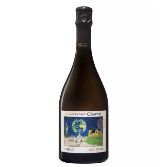 Bottiglia di Champagne Chavost Eureka Brut Nature, etichetta colorata, vista frontale