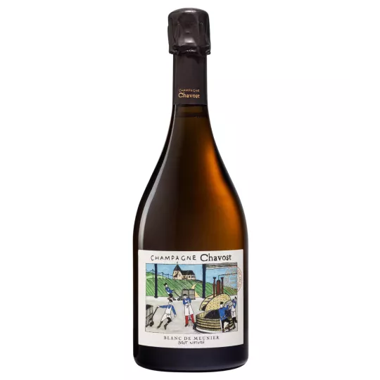 Bottiglia di Champagne Chavost Blanc de Meunier Brut Nature, vista frontale