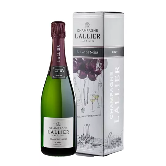 Bottiglia di Champagne Lallier Blanc de Noirs Brut Grand Cru 75cl, etichetta bianca, con astuccio illustrato.