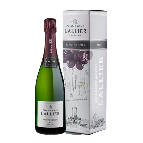 Bottiglia di Champagne Lallier Blanc de Noirs Brut Grand Cru 75cl, etichetta bianca, con astuccio illustrato.