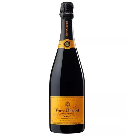 Bottiglia di Champagne Veuve Clicquot Cuvée Réserve brut - vista frontale su sfondo neutro