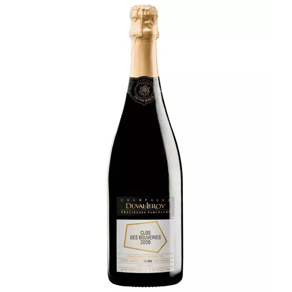 Bottiglia di Champagne Duval-Leroy Clos des Bouveries 2006, etichetta nera e oro, vista frontale