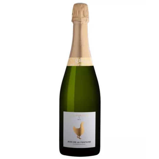 Bottiglia di Champagne Jean de la Fontaine L'éloquente Brut, 75cl, tappo dorato, etichetta bianca con gallo dorato, vista fronta