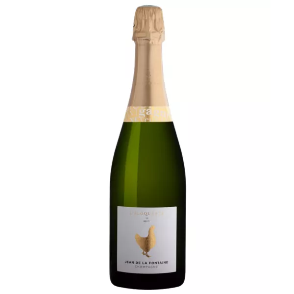 Bottiglia di Champagne Jean de la Fontaine L'éloquente Brut, 75cl, tappo dorato, etichetta bianca con gallo dorato, vista fronta