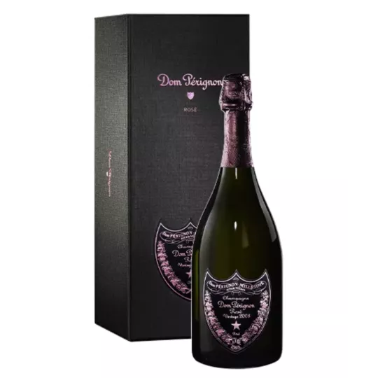 Bottiglia di Champagne Dom Pérignon Rosé 2008 con etichetta rosa, vista frontale