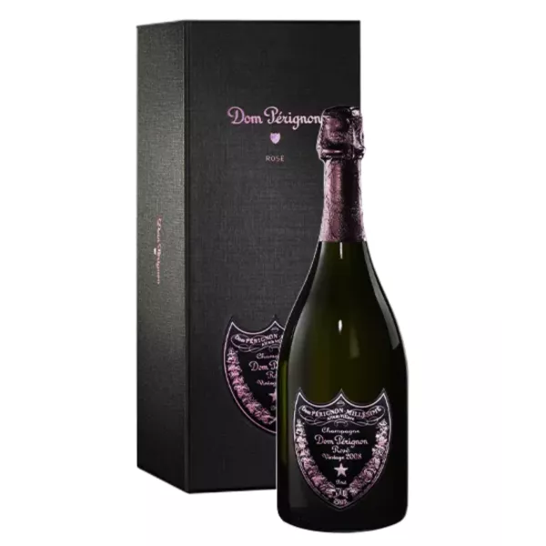 Bottiglia di Champagne Dom Pérignon Rosé 2008 con etichetta rosa, vista frontale