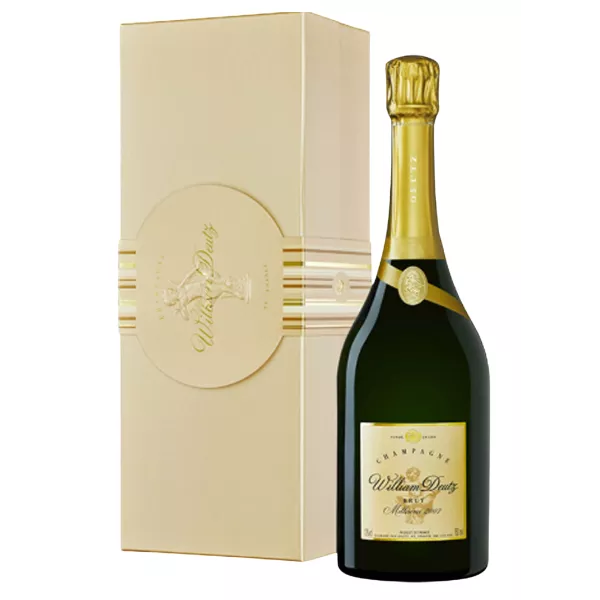 Bottiglia di Champagne Deutz Cuvée William Deutz 2013, etichetta oro, vista frontale