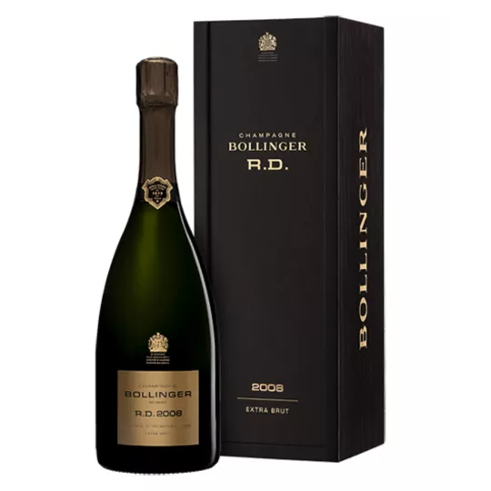 Bottiglia di Champagne Bollinger R.D. 2008, etichetta dorata, vista frontale