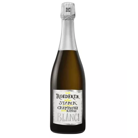 Bottiglia di Champagne Louis Roederer Brut Nature 2015, etichetta bianca, vista frontale