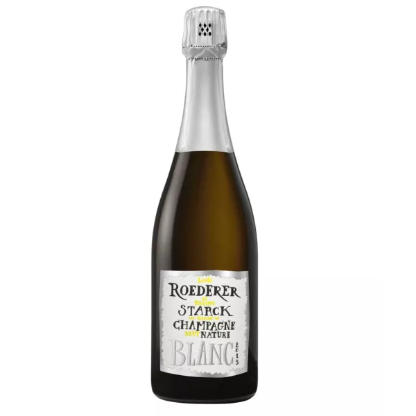Bottiglia di Champagne Louis Roederer Brut Nature 2015, etichetta bianca, vista frontale