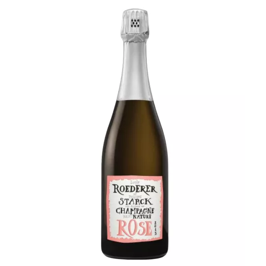 Bottiglia di Champagne Louis Roederer Starck Rosé 2015, etichetta bianca e rosa, vista frontale