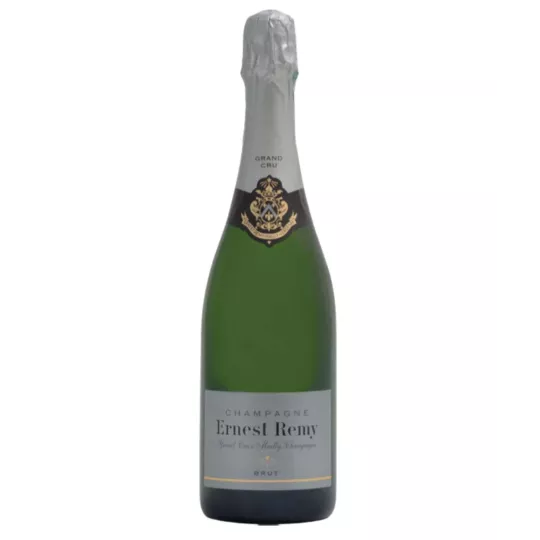Bottiglia di Champagne Ernest Remy Brut Blanc de Noirs, etichetta argentata, vista frontale