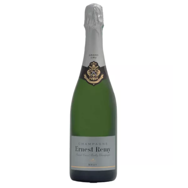 Bottiglia di Champagne Ernest Remy Brut Blanc de Noirs, etichetta argentata, vista frontale