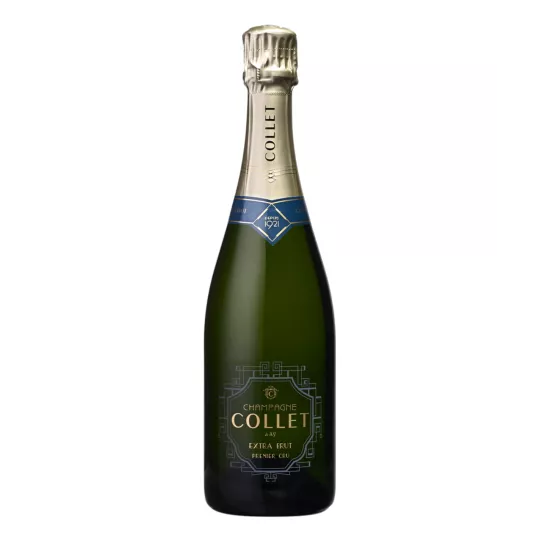 Bottiglia di Champagne COLLET Extra Brut Premier Cru con bollicine frizzanti