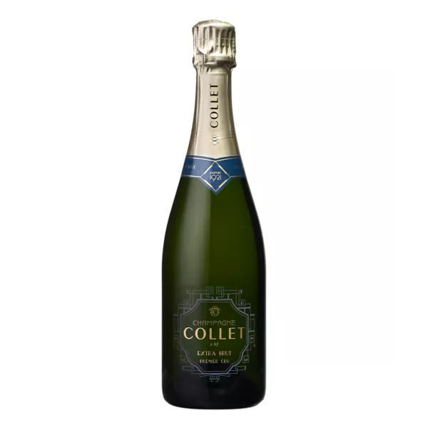 Bottiglia di Champagne COLLET Extra Brut Premier Cru con bollicine frizzanti