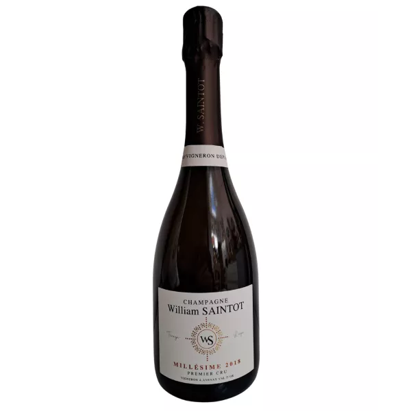 Bottiglia di Champagne William Saintot Millésime 2018, etichetta bianca, vista frontale