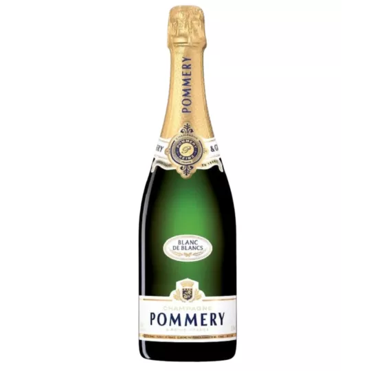 Bottiglia di Champagne Pommery Apanage Blanc de Blancs, vista frontale, etichetta bianca e oro