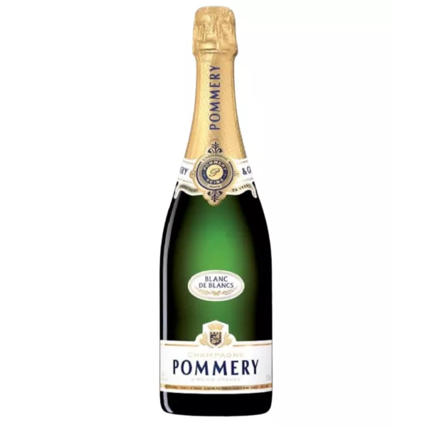 Bottiglia di Champagne Pommery Apanage Blanc de Blancs, vista frontale, etichetta bianca e oro