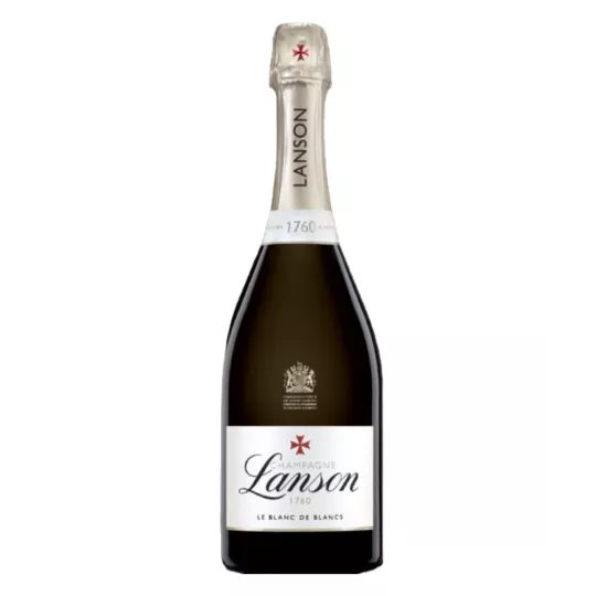 Bottiglia di Champagne Lanson Le Blanc de Blancs, vista frontale, etichetta dorata