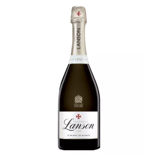 Bottiglia di Champagne Lanson Le Blanc de Blancs, vista frontale, etichetta dorata