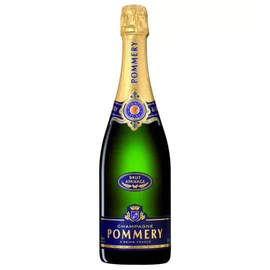 Bottiglia di Champagne Pommery Brut Apanage, vista frontale, etichetta blu e oro