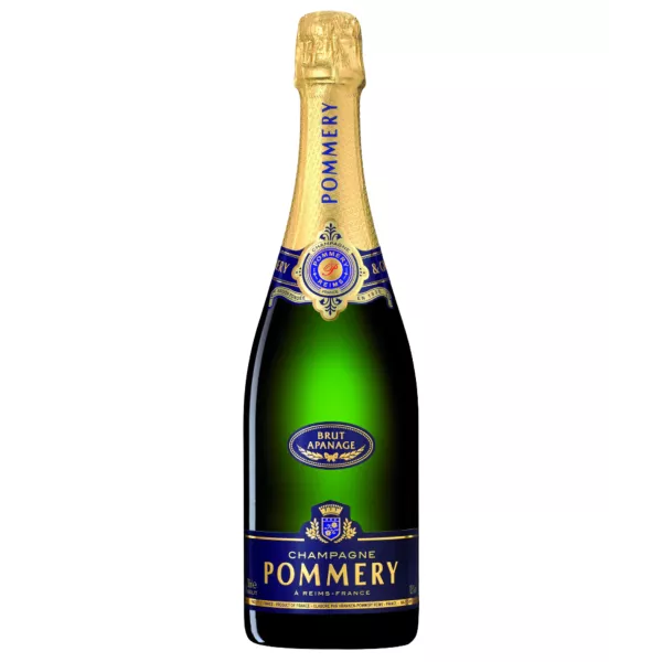 Bottiglia di Champagne Pommery Brut Apanage, vista frontale, etichetta blu e oro