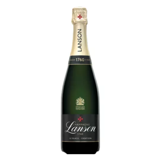 Bottiglia di Champagne Lanson Le Black Création Brut, etichetta nera, vista frontale