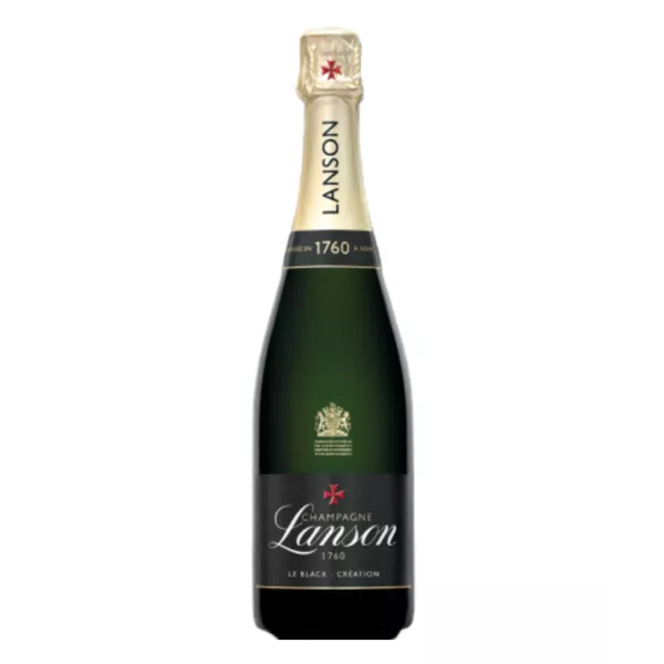 Bottiglia di Champagne Lanson Le Black Création Brut, etichetta nera, vista frontale