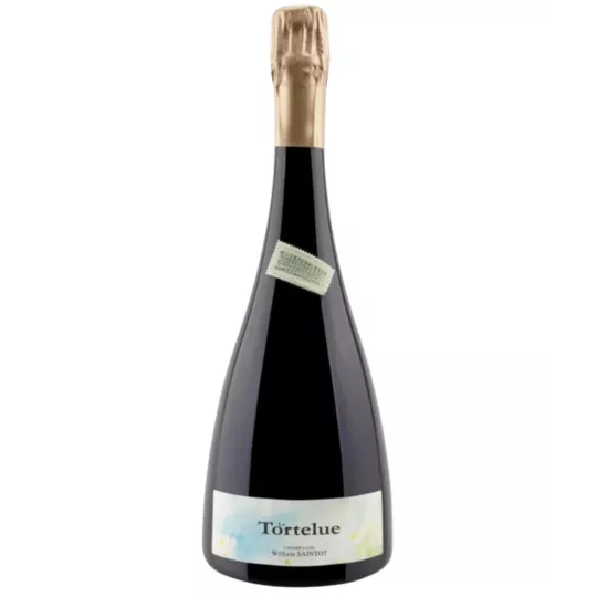 Bottiglia di Champagne William Saintot La Tortelue, etichetta bianca, tappo dorato, vista frontale