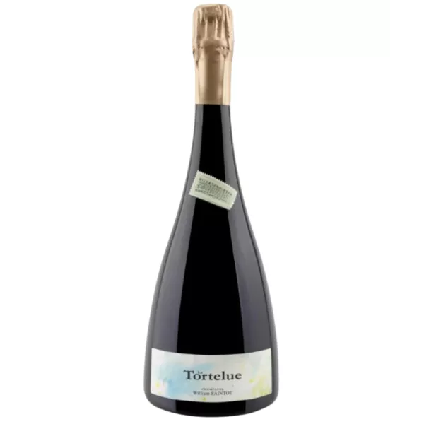 Bottiglia di Champagne William Saintot La Tortelue, etichetta bianca, tappo dorato, vista frontale