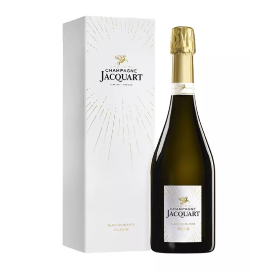 Bottiglia di Champagne Jacquart Blanc de Blancs 2015, vista frontale, etichetta bianca e oro, tappo oro