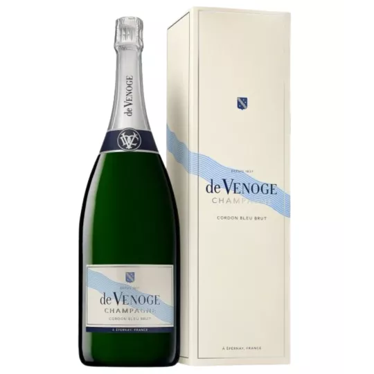 Bottiglia di Champagne De Venoge Brut Cordon Bleu Magnum 1,5L, vista frontale