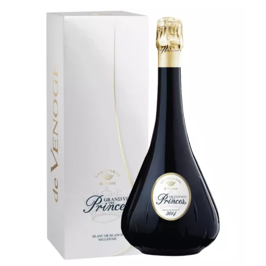 Bottiglia di Champagne De Venoge Grand Vin des Princes Blanc de Blancs 2014, vista frontale
