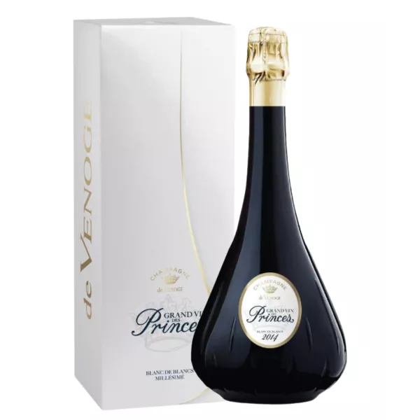 Bottiglia di Champagne De Venoge Grand Vin des Princes Blanc de Blancs 2014, vista frontale